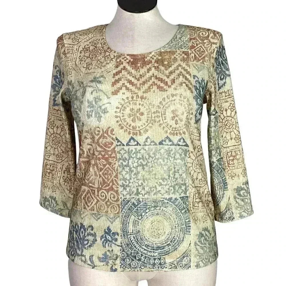 TravelSmith Women M Ribbed Knit Top Ivory Blue Rust 3/4 Sleeve Scoop Neck